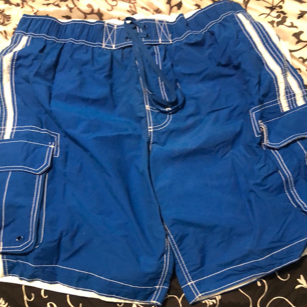 Blue Cargo Shorts with White Stitching